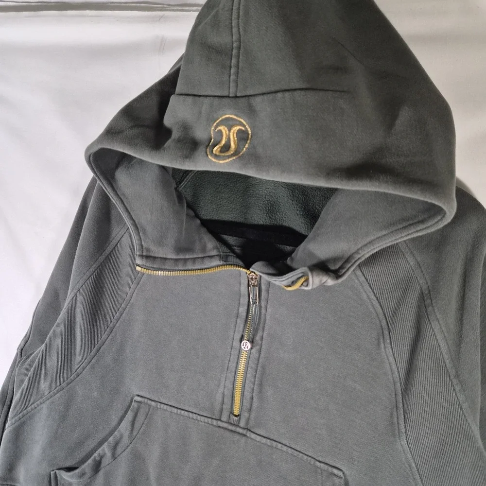 Lululemon XL/XXL Forest Green Cropped Half Zip Hoodie Womens Oversized Gold Logo